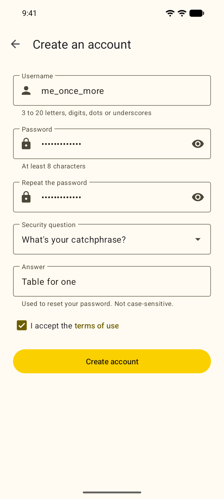 The sign-up form, filled in