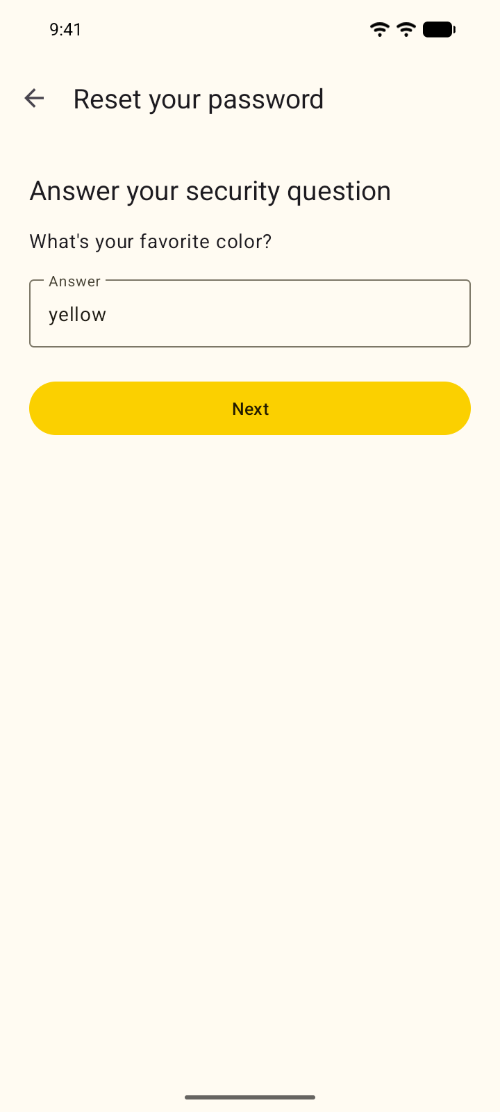 Resetting the password with the security question
