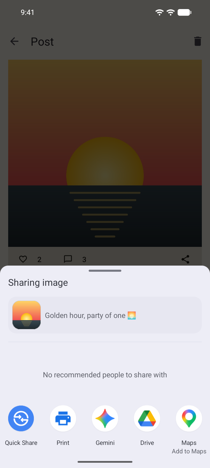 The Android share sheet with the photo
